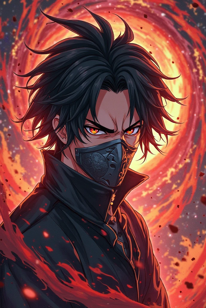 2D Anime-style art: A thrilling and dynamic fight scene featuring two characters from the Demon Slayer anime universe. The main character, Tanjiro Kamado, is depicted with his signature scar, fighting against a formidable demon in the style of Mikazuki Koyomi. Tanjiro's stubble is prominent, and his clothes are in disarray as he focuses intently on his opponent. The colorful and intricate design of his beard is highlighted in sharp contrast against his pitch-black hair. His fiery red swords, Nichirin, are ready for action.
Meanwhile, the demon opponent is portrayed with menacing features, including sharp teeth and glowing