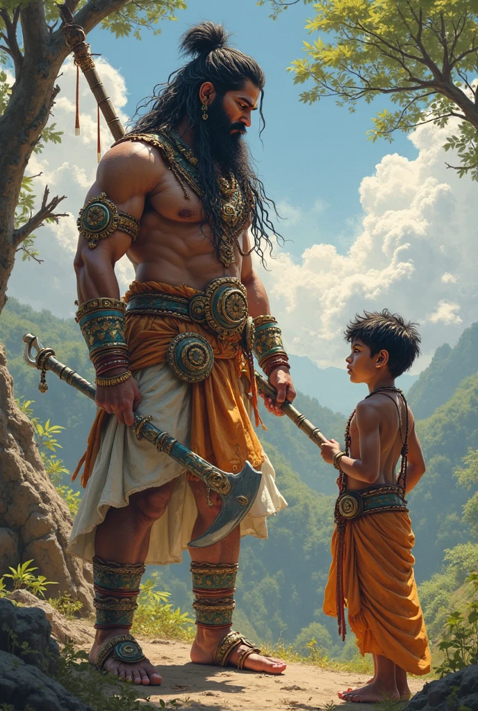 create a high quality image, in which lord hanuman is holding hand of a boy, the boy is wearing casual dress with his name ‘CHANDAN’ written boldly on his top, the boy is watching towards lord hanuman with little smile, both are standing, the background is of interior of a forest and mountain the environment is gorgeous.