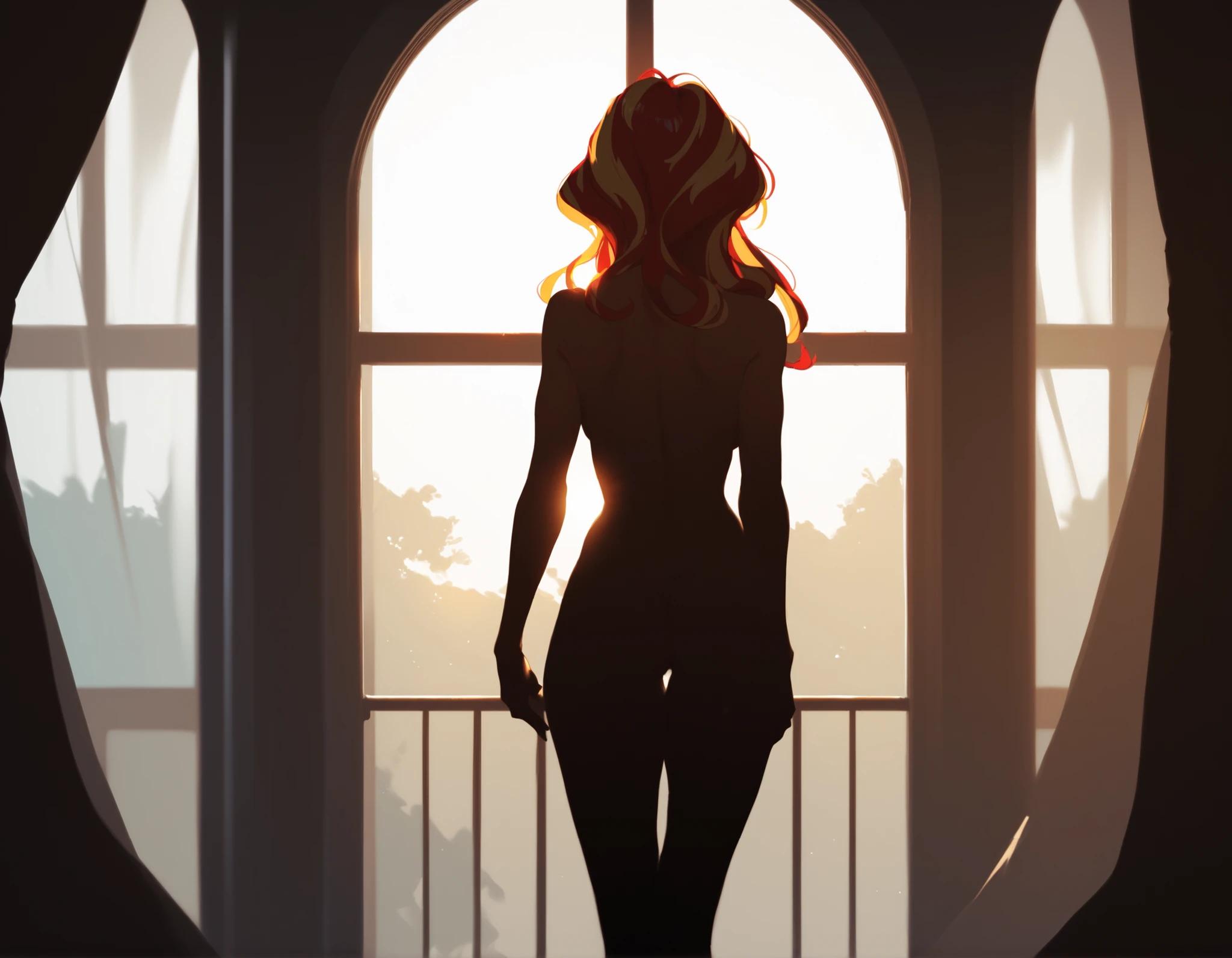 sunset shimmer naked, standing in a window, pose, black silhouette, backlit