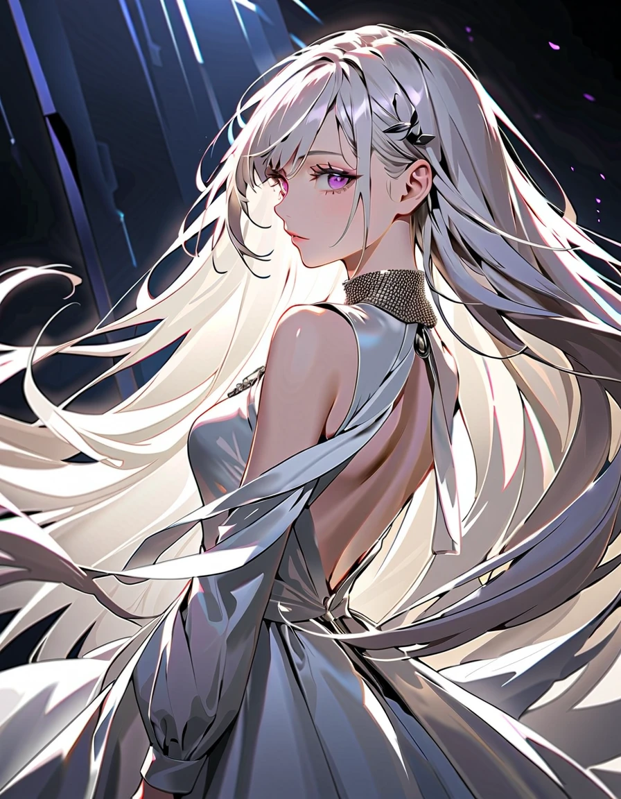 White tones,white colors,Sexy Girl ,from the rear,tiny body,Petite,whaite hair,White hair,White bed,transparent silk pajamas ,thick long hair,Empty space,Pure white space