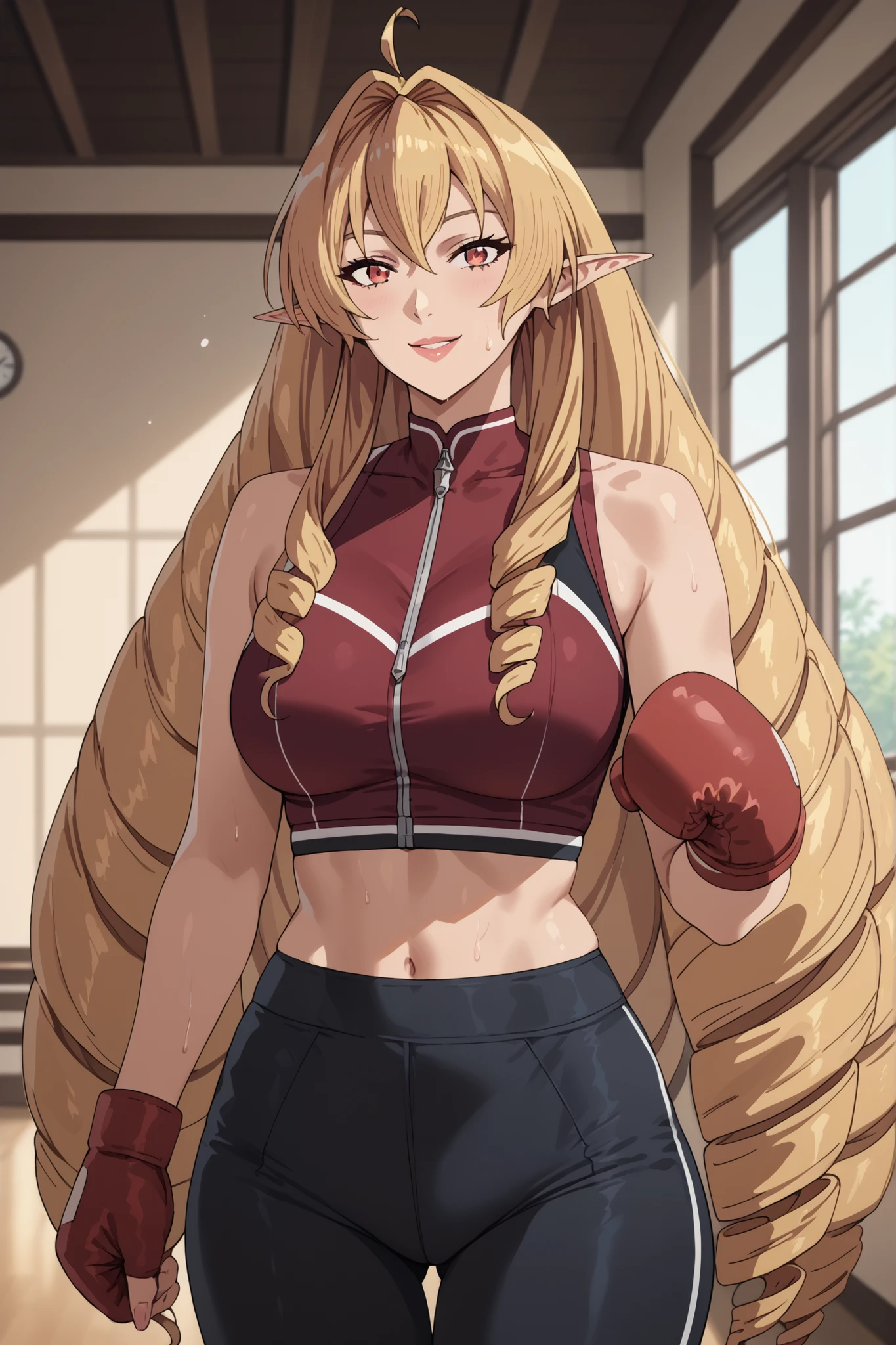 score_9, score_8_up, score_7_up, source_anime, elinalisedragonroad, 1girl, mature female, elinalise dragonroad, long hair, blonde hair, very long hair, ahoge, pointy ears, drill hair, red eyes, naughty smile, suit, sports bra, yoga leggings, boxing gloves, indoors, sweating ,curvy figure, gorgeous woman,