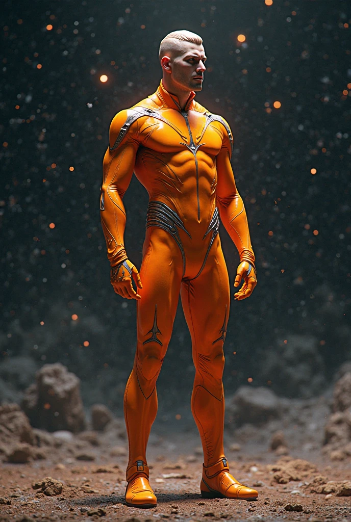 Quarter body photorealistic handsome hunky fractal masculine red haired vesto  wearing a orange with gold  transparent crystal chrome glass trimmings super suit , look at camera, detailed face parts,, fire as background, Freestyle Pose, Happy Expression, perfect anatomy, symmetric body,, 18 years old,  :: high detail, a lean athletic body, realistic, human skin, extremely detailed fingers,  chad chin,, masculine, human skin, , gorgeous, Attractive. super bulges in action . camera focus face front 