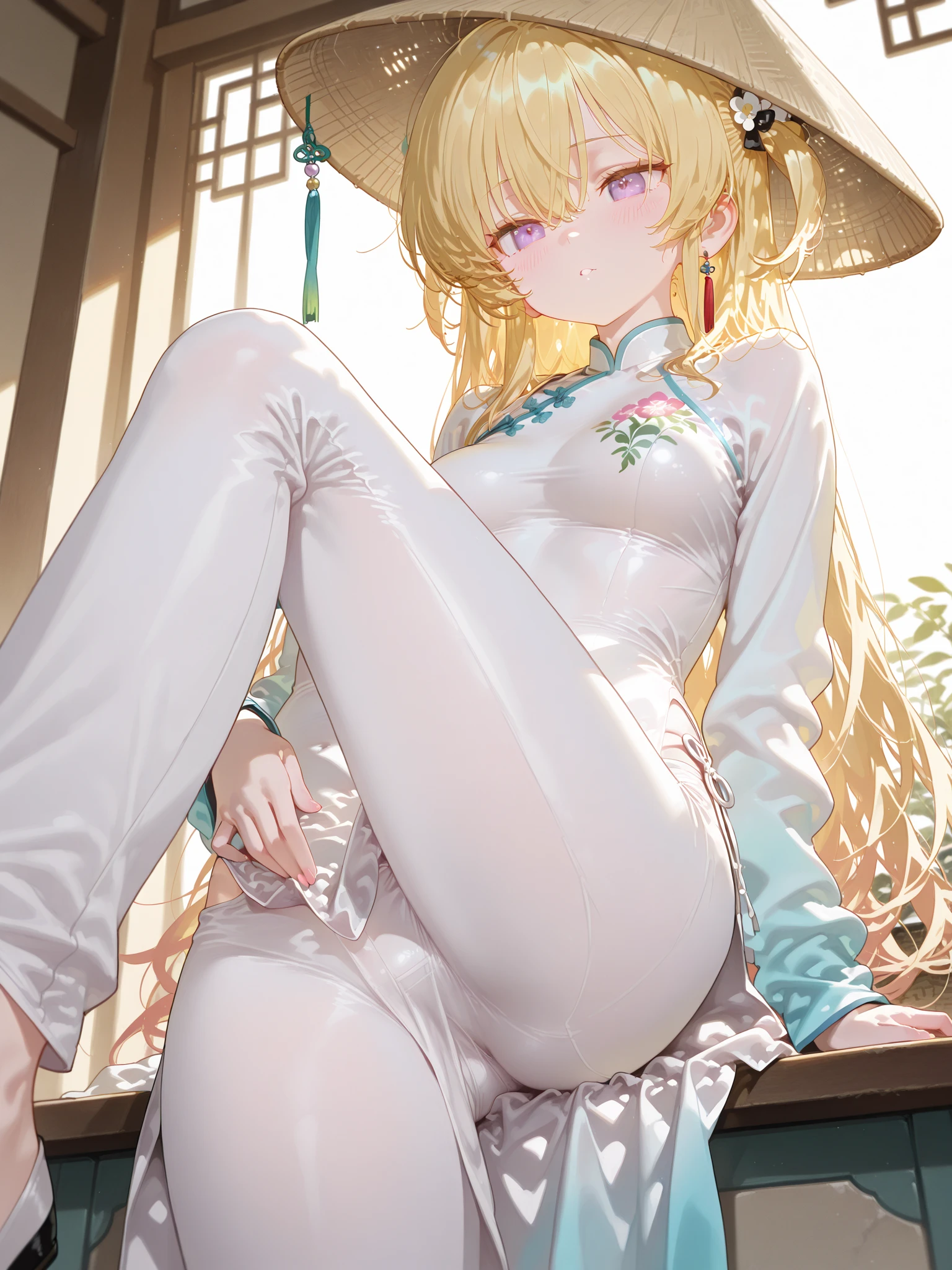 (best quality),(Masterpiece),dynamic angle,(extreme detailed illustration),(extremely detailed CG unity 8k wallpaper),amazing,Depth of field,(highly detailed),((an extremely delicate and beautiful)),studio light,light rays,ray tracing,((1girl)),((demon girl)),((extremely detailed eyes and face)),detail hands,(gradient purple eyes),slit pupils,((gradient blond long hair)),very long twin tails,(ahoge),one side up,hair between eyes,two side up,hair spread out,((hairpin)),hair ornament,((hair ribbon)),blonde hair,long twin tails,((cat ears)),tutubs,white pantyhose,pantyhose,natural, scenery, building, (detailed Chinese pavilion:1.2), puddle after rain, transparent, red maple tree, red maple leaf, fog