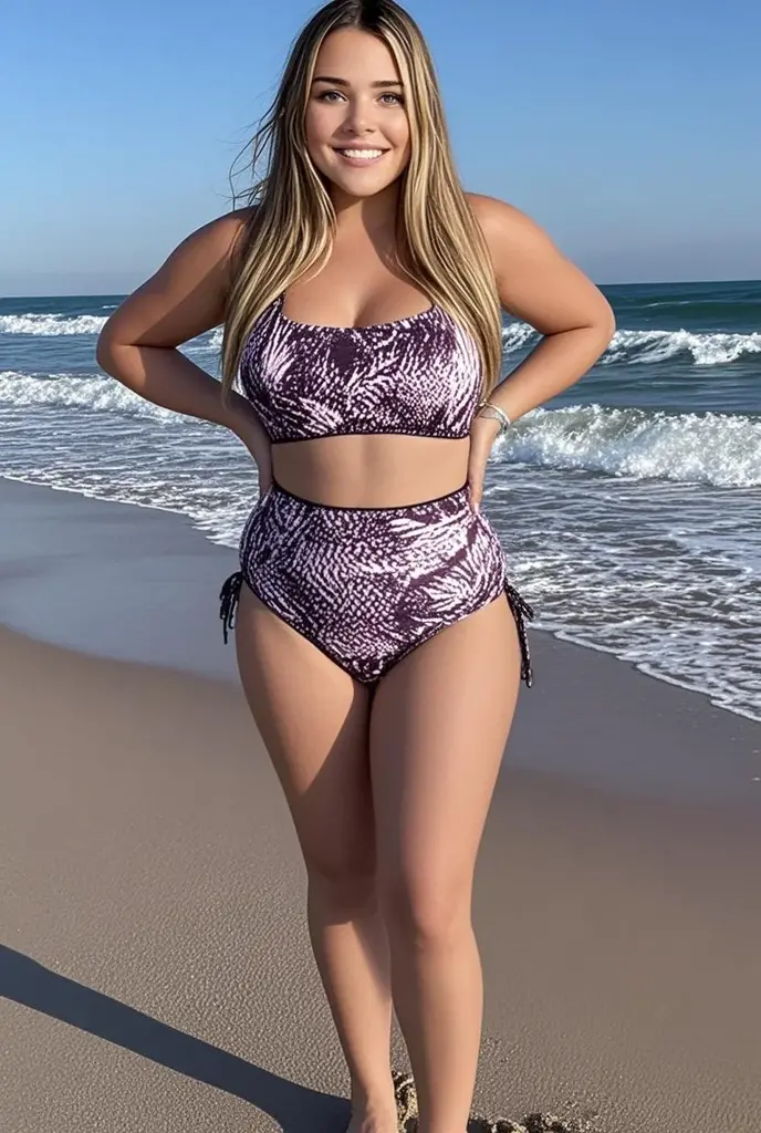 (4 k、top-quality)、(realisitic、Photorealsitic), long blonde hair,  very long ponytail, long eyelashes, big eyes, small nose, earrings, red lips, smiling, slender body, curvy body, slightly chubby, dark tanned skin, Height 1.7 meters, (medium bust, perky Breasts: 1.4), thin waist, (wide hips: 1.4), (big butt: 1.2), (Thigh thickness: 1.8), (purple high leg t-back sling swimsuit: 1.3), posing, beach background, from behind, (full body view: 1.4)