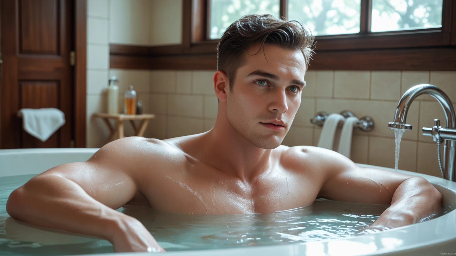 fashion editorial photo, a charming male supermodel 2, mix between Sean O’Pry and Lucky Blue Smith, graces the scene with his magnetic presence. With his short blonde undercut hairstyle framing his delicate and symmetric face, exudes a masculine yet tender allure. small pectorals and slender physique are complemented by a natural olive skin tone, radiating youthfulness, athleticism, and sexual intimacy.
setting in Rococo style bath adorned with a white and gold mosaic stone wall, lending an air of elegance and sophistication to the scene. The model lounges in the bathtub, ((laying in a sexual inviting pose)), half torso partially submerged in water. wet white sheer underwear, accentuating his toned physique and showcasing a semi-bulge, adding to the sensuality of the image.
Surrounded by fresh flower floating on the water along with a beautiful Victorian decorating, the scene exudes a whimsical and enchanting atmosphere. The model's relaxed pose and captivating gaze draw the viewer in, inviting them to bask in the serene ambiance of the betting.
Captured from a dynamic angle, the focus of the photo is on the model's alluring presence and the delicate interplay of light and shadow on his skin. Soft, warm light bathes the scene, creating a romantic ambiance and enhancing the overall allure.
Photographed with a Canon 5D mk4, Sigma AF 85mm F1.4 by Thomas Synnamon, professional photographer, the image boasts unparalleled quality and attention to detail. The layering and arrangement of body parts and surrounding objects are carefully considered to ensure a flawless composition. Ultimately, this masterpiece celebrates the beauty of the male body form and invites viewers to immerse themselves in a world of sophistication and charm, with its seductive lighting, intricate details, and romantic atmosphere.