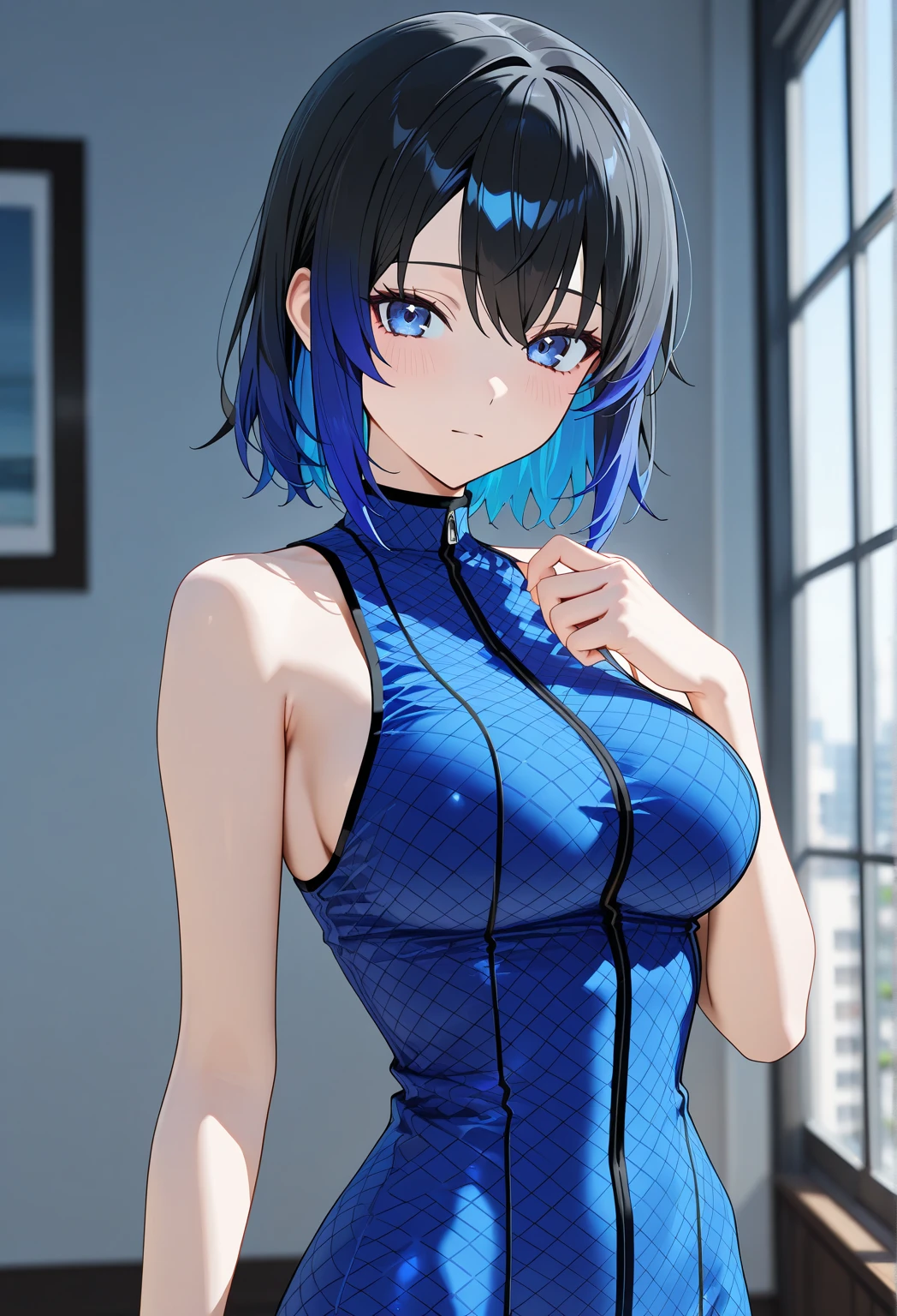 A girl with gills and scales, navy blue hair