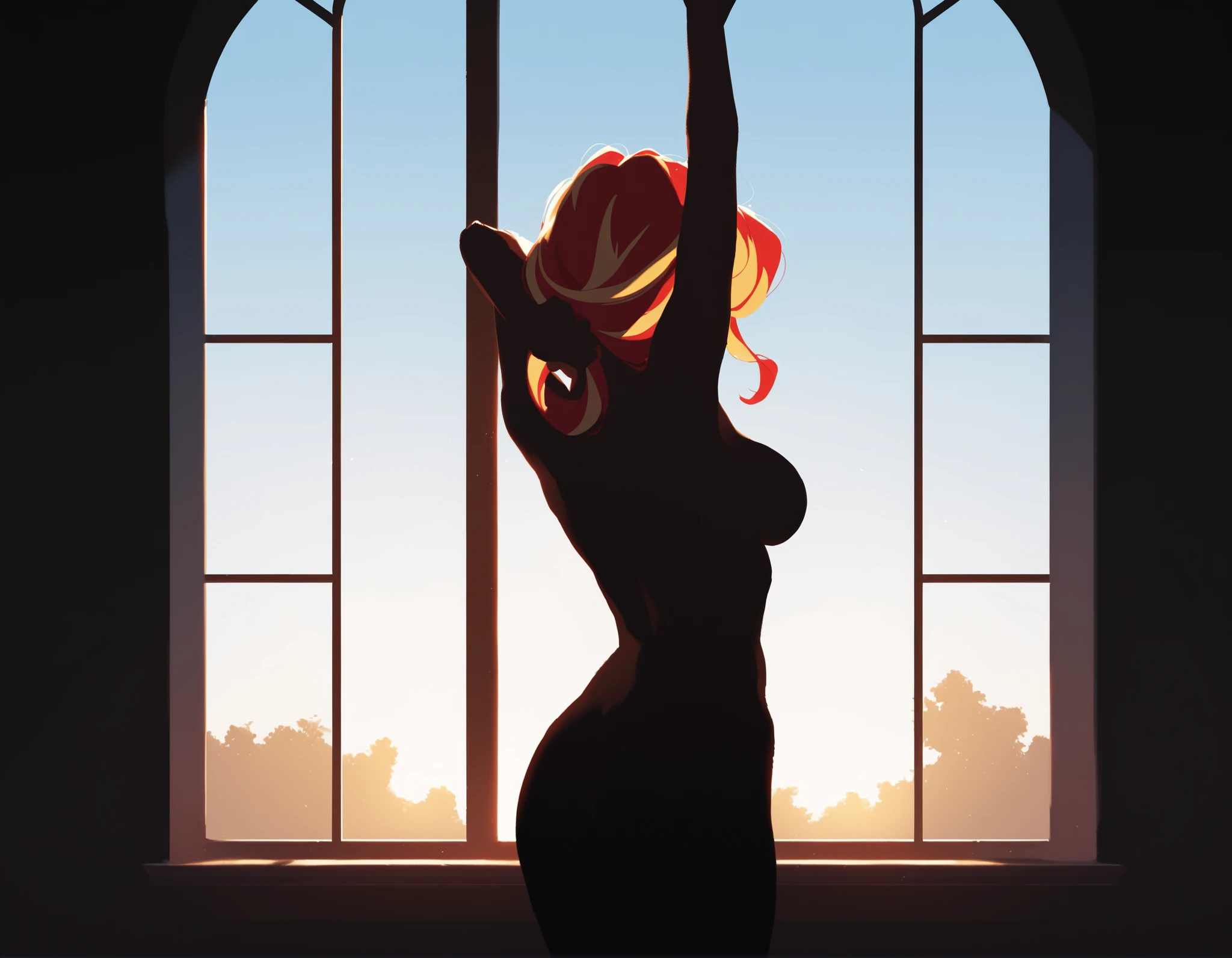 Arte inspirada em John Buscema,1 girl, dia, longos cabelos negros, elegante, uniforme de yoga, Lighter garments so as not to prevent perspiration, Main Hall, Wet, fazendo yoga