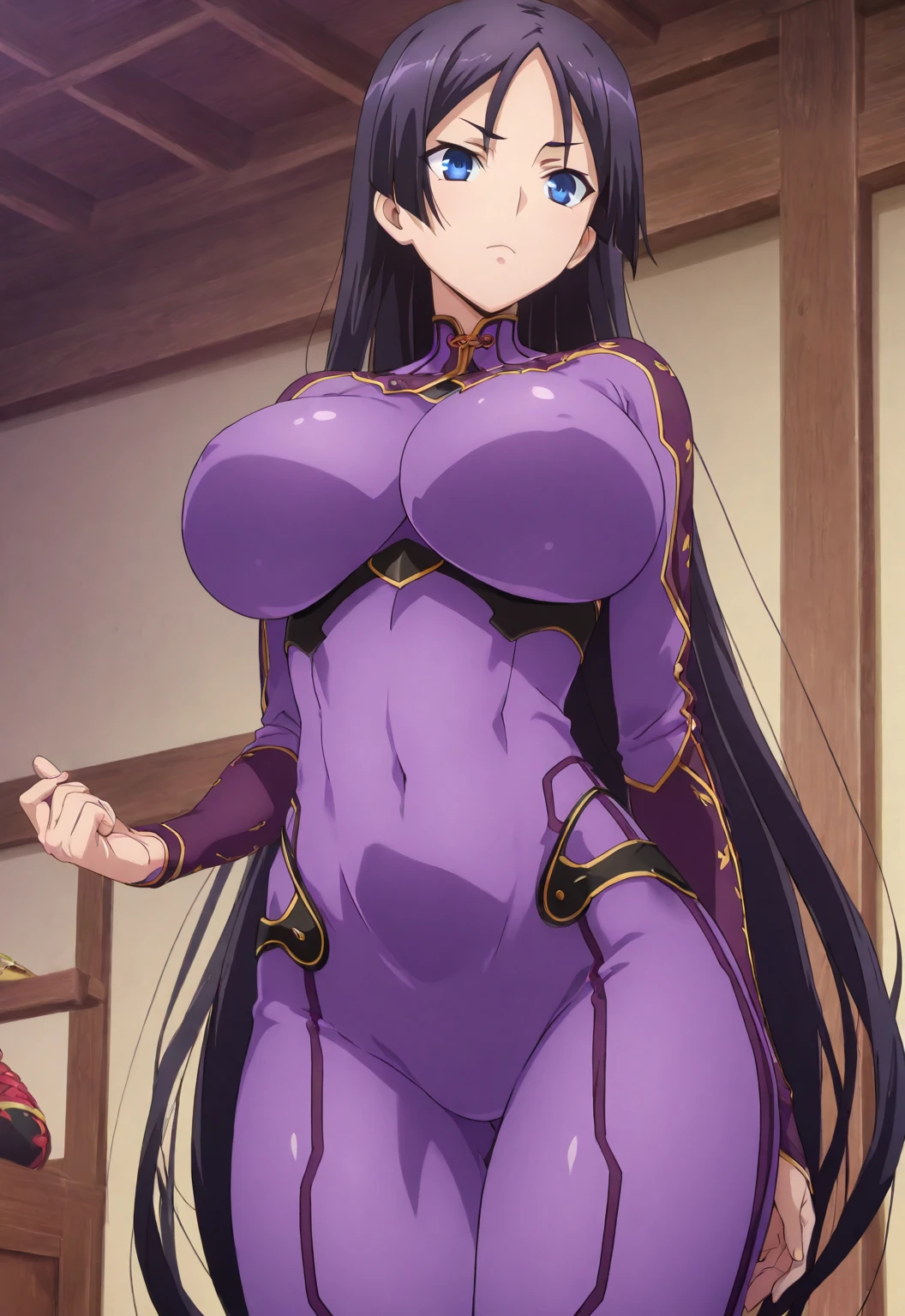 Best image quality、4K.Anime Cel Style, highest quality, High resolution, 1 girl, (Huge breasts:1.4), blush, Embarrassing, Inside the hotel,bed, smile,、Blue Hair、Purple Longhair、Red eyes、From Below [POV]、Heart Pupil、pose standing thigh sex,High leg leotard、blush、Embarrassing顔、Spread your legs