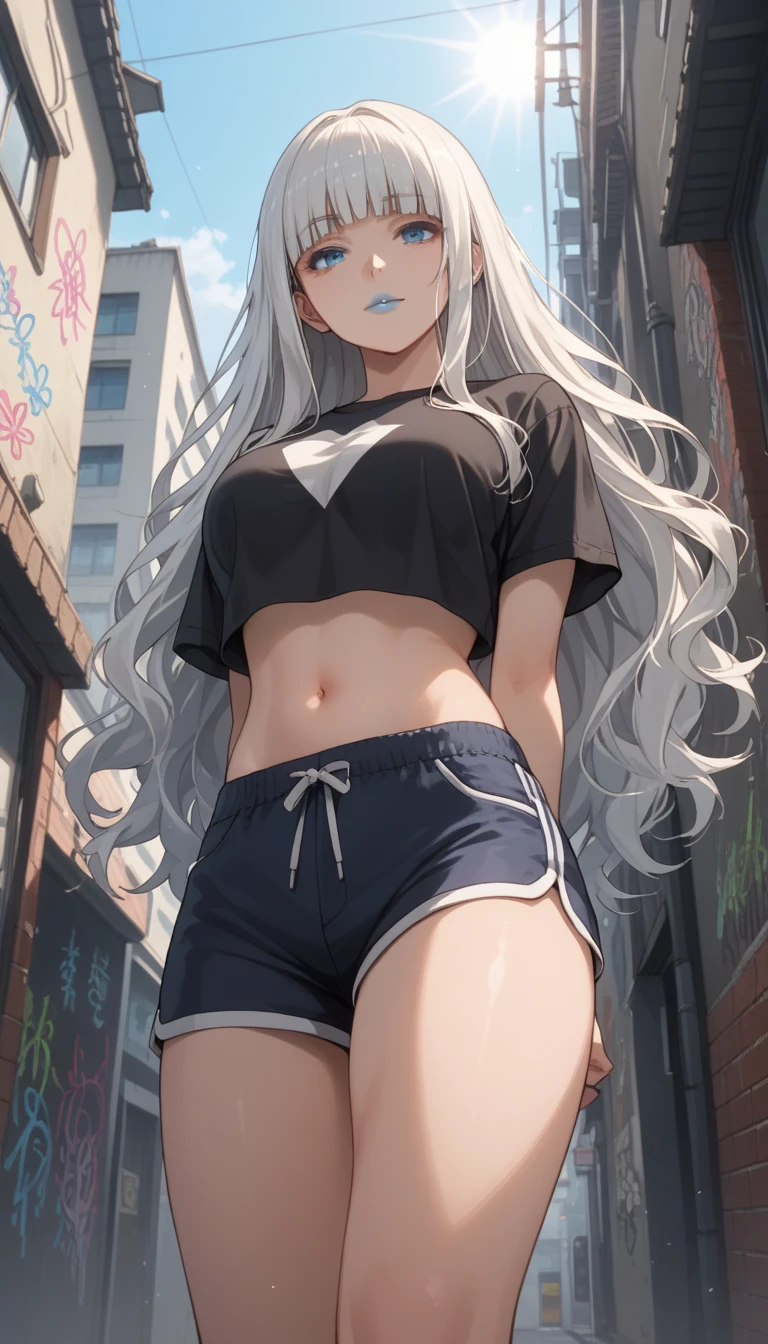 ((masterpiece)), ((best quality)), girl, ((beautiful body)), dark skin tone, ((very detailed eyes)), very long straight hair, dyed at the back of the neck, ((highlight effect on hair )), ((hair between eyes)), short sweatshirt, short shorts, white sneakers, medium breasts, neck accessory, eyebrow, ((fox ear)), ((perfect)), ((smile)), ((happy expression)), thin waist, thick legs, big thigh, ((background scenery)), ((indoor)), ((in the green field)), ((blue sky)), ((clouds)) , (sun), ((wind)), ((leaves flying)), mountain in background, beautiful day, pov, looking at viewer, flushed, lustful,