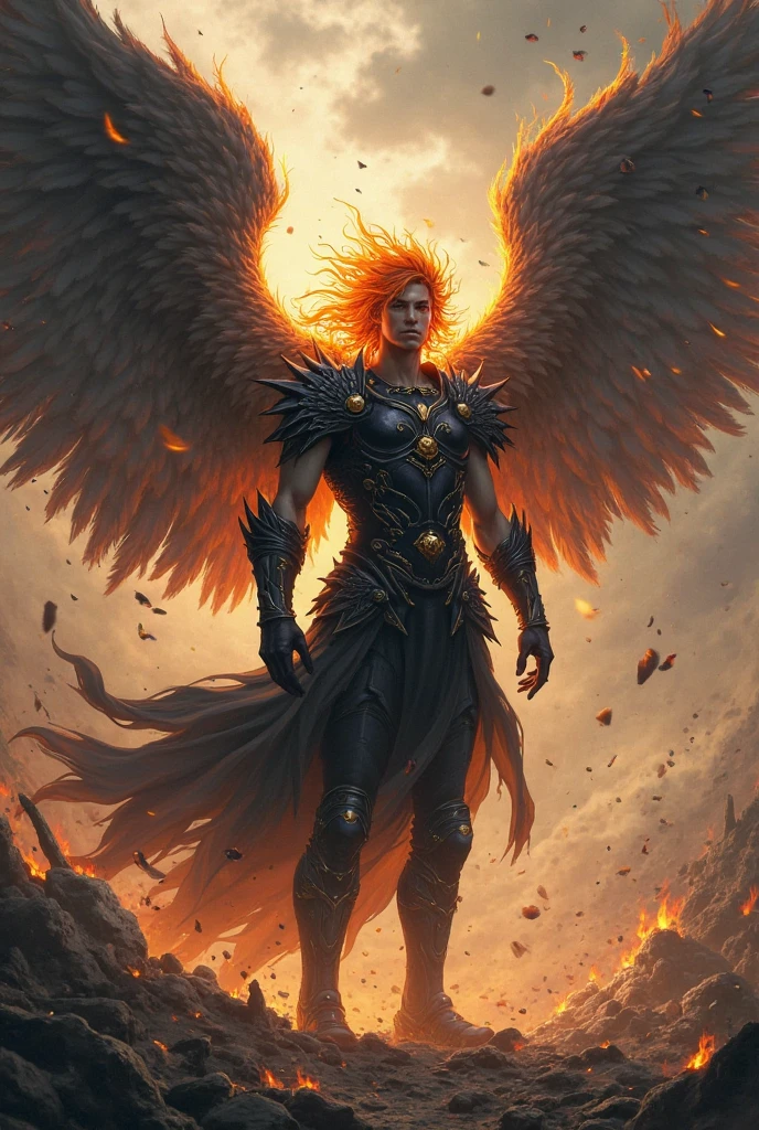 mecha towering over destroyed buildings, rubble, flying debris, glow, aura, lit by multiple fires  <lora:add-detail-xl:1>   <lora:r1ge - AnimeRage:1>, r1ge, angry, wings made of fire  <lora:LavaMecha:1>