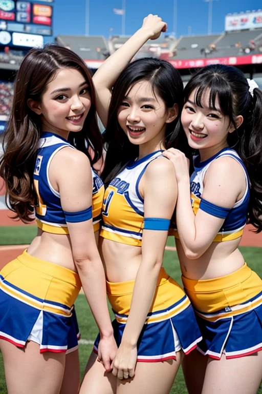 highest quality, masterpiece, Ultra-high resolution, (Realistic:1.4), RAW Photos, Very detailed, Perfect Anatomy, 

Many girls, Group shot, Japan&#39;s most popular girl idol group, Wearing matching cheerleader costumes, 

Cheerleading on stage at the school festival, Her frilly white panties are visible、white panties, so cute faces, Very beautiful big black eyes, Very beautiful body, All have extremely beautiful thighs, All have incredibly beautiful legs