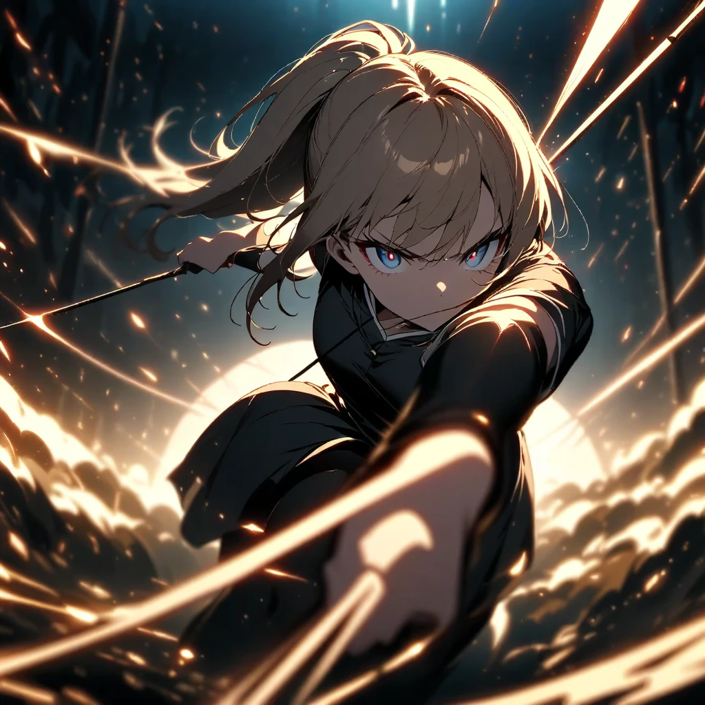 Create the image of a blonde anime girl with an angry expression and put a city at night in the background