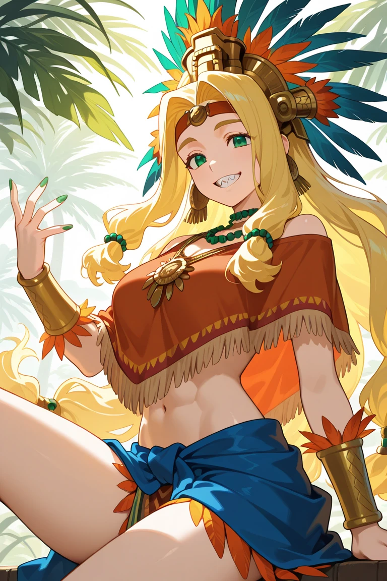 score_9,score_8_up,score_7_up,score_6_up , source_anime, quetzalcoatlDEF, MainfFit, red crop top, fringe trim, chin green gem, strapless, sleeveless, fringed clothing, 1girl, blonde hair, hair ornament, large breasts, green eyes, long hair, standing split, standing on one leg, abs, green nails, looking at viewer, white background, leg up, headband, simple background, leg lift, navel, bracer, kneepits, jewelry, muscular female, sideboob, breast peek, green pelvic curtain, blue sash, red skirt,  <lora:QuetzalcoatlFate-Xl-V7:1>