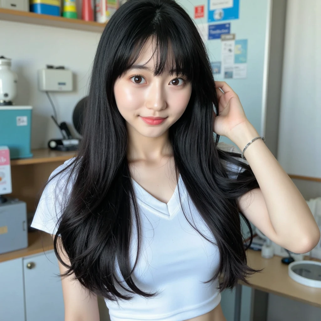 A 30-year-old woman with long black hair and a slightly chubby figure、Selfie taken at home