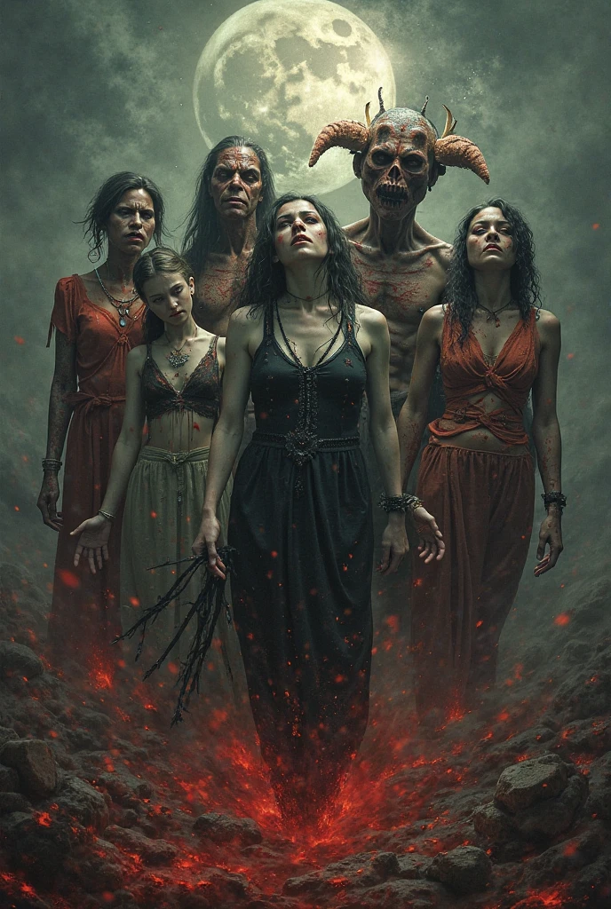 Uma imagem aterrorizante de um pesadelo sangrento que causa desconforto e repulsa. Disturbing and grotesque scenes with profusion of blood, Disfigured bodies and shocking mutilations dominate a composition. The environment is full of darkness, sombras sinistras, e uma atmosfera de intenso pavor, creating a visually disturbing and chilling experience. uma mulher pode&#39;don&#39;t escape from attacking zombies. A scary chase, filmes de terror , Guerra Mundial Z, macabre chase, absurdamente assustador, in the background 4 zombies with their arms outstretched and with lots of blood, Velas, Ritual