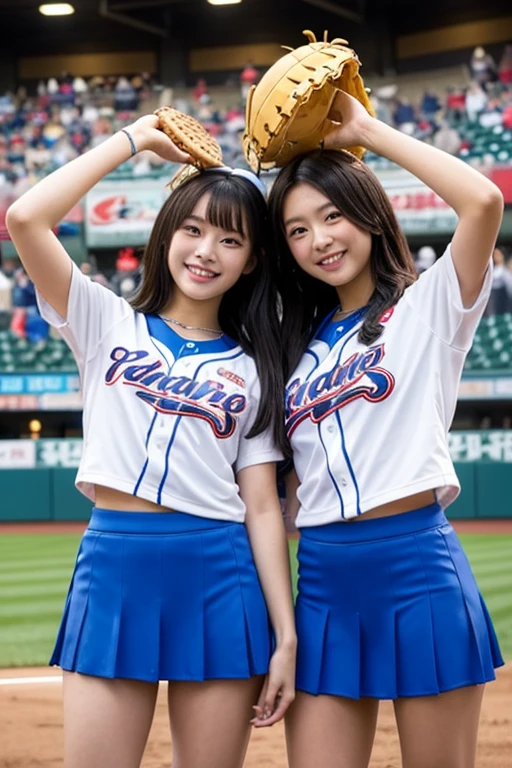 A sexy girl with big breasts wearing a Yakult Swallows uniform and a skirt cheering on the baseball team while drinking beer in the stands of a baseball stadium