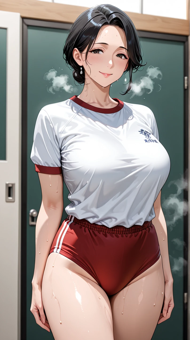 masterpiece, ultra realistic, 32k, extremely detailed CG unity 8k wallpaper, best quality
(masterpiece, best quality, highres, high resolution:1.2), extremely detailed, realistic, intricate details, 1girl, solo, black hair, Long Curly Hair, bangs, seductive smile, blush, freckles, wearing gym clothes, ((clothes lift)), pantpulldown, (small breasts, thick thighs, wide hips), (cinematic lighting, sunlight, volumetric), locker room, looking at viewer, facing viewer, from front, cowboy shot, (masterpiece,best quality:1.5), (nsfw:1.3), (wet cum:1.3, much cum on vagina:1.3), (gigantic breasts:1.2), (one arm up), squatting