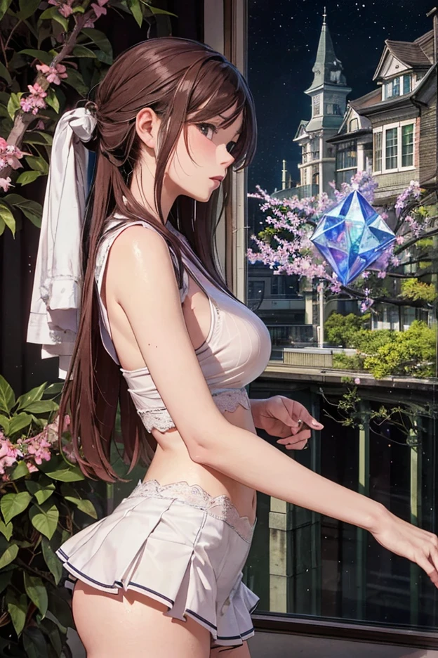 ((((Obra maestra, La mejor calidad, ultrahigh resolution)))), 1girl, standing,), ((long pure brown hair, hair over eye)), long hair cut, shiny skin, ((golden eyes)), glowing_eyes, neon eyes, (ultra detailed eyes:0.7, beautiful and detailed face, detailed eyes:0.9), ((centered)), smirk, facing viewer, ((vibrant background, dark lighting, summer, sunlight)), large chested, looking at viewer, ((half closed eyes)), ((perfect hands)), (((head:1, arms, hips in view, elbows, legs, in view))), ((hands behind back)), empty eyes, beautiful lighting, ((outside, outdoors)), defined subject, head tilt, (((gritty)), ((creepy)), ((cool)), ((beautiful)), (((SFW))), hair ornament, petals in the air, moon in the sky, city, mature woman, adult woman, sfw, pink and white dress, night dress, she is a princess, gal, dark skin, majesty, mistress 