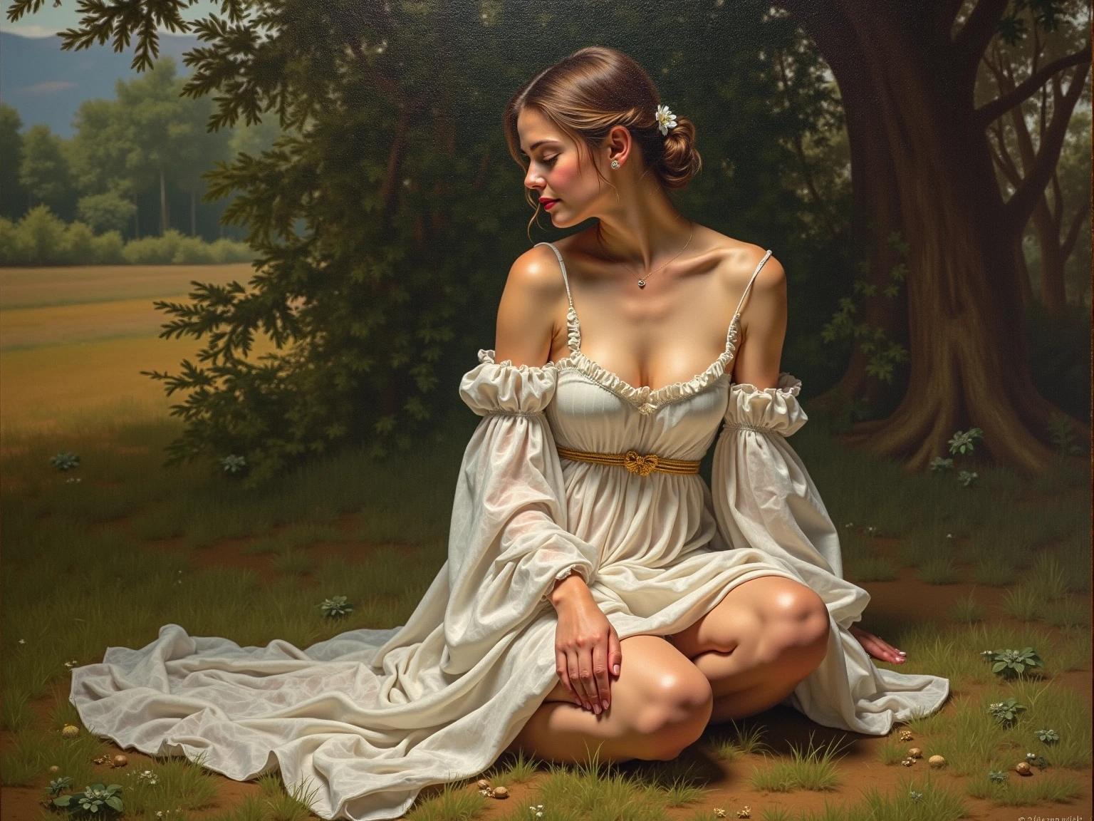 (safe for work)(full body picture, head to toe)(a woman in a sheer white dress looks surprised,startled,surprised,wondering,in awe,amazed,intrigued,curious,bewildered) (as an otter cuddles up,snuggles up,nuzzles into,settle down,rest,tucks itself,snuggles into,cuddle in) (between her breasts,against her chest,between her chest,close to her heart,close to her body,inside her arms) and goes to sleep. (material: oil painting,acrylic painting,canvas paint,watercolor painting) (additional details: beautiful garden,flower petals,floating petals,sunshine shining,sunlight filtering,glowing light,dappled light,soft breeze,peaceful) ((best quality,4k,8k,highres,masterpiece:1.2),ultra-detailed,(realistic,photorealistic,photo-realistic:1.37),vivid colors,HDR,sharp focus) (art style: realism,impressionism,romanticism) (color palette: pastel colors,soft hues,warm tones) (light: soft lighting,warm lighting,natural lighting)