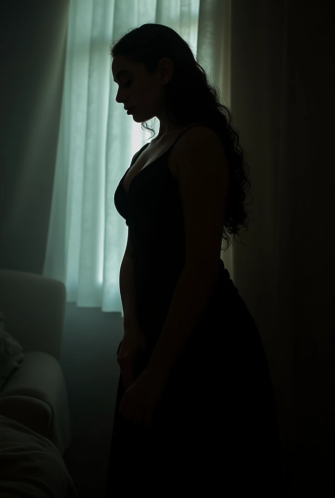 Indian girl wearing fishnet dress with visible nipples in a bedroom (full body shot,