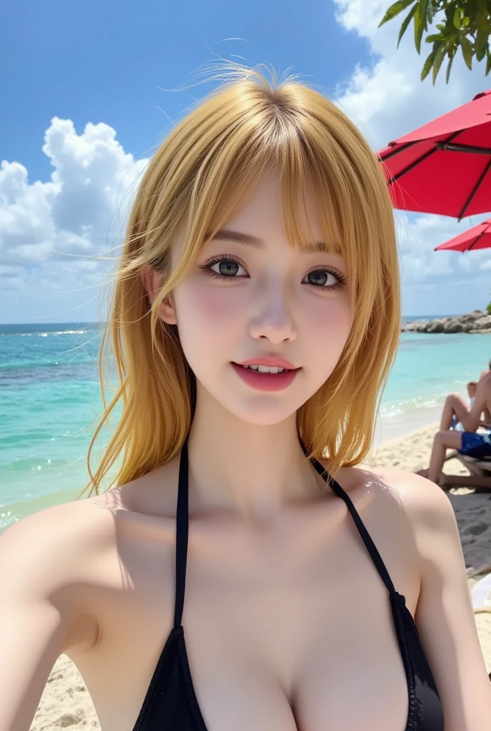 sexy small-breasted:1.4、Cute 20-year-old with a sexy and cute expression, Beautiful and sexy face、A strong wind blows my hair in front of my face、Cute short hair blonde, Sexy eyes hidden by long bangs.、strapless micro bikini:1.3、いstrapless micro bikiniを着ている