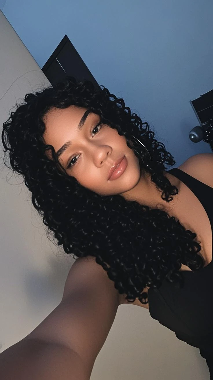 woman black curly frizzy hair