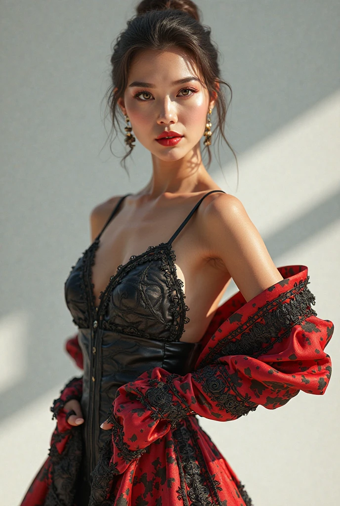 ((prettier face)) ((red brassiere with brokat & lace element)) ((big breast))