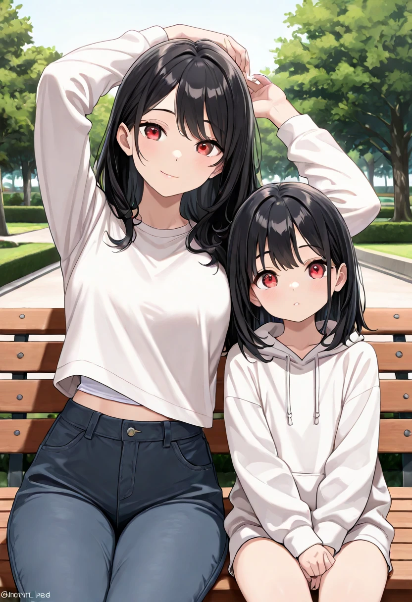 (top quality, masterpiece), 2 girls, mom and her daughter, height difference, medium hair, black hair, park, outdoors, sitting, sitting next to each other, hoodie, midriff peek, red eyes, long hair, white undershirt, cowboy shot, looking at the viewer, arms up
