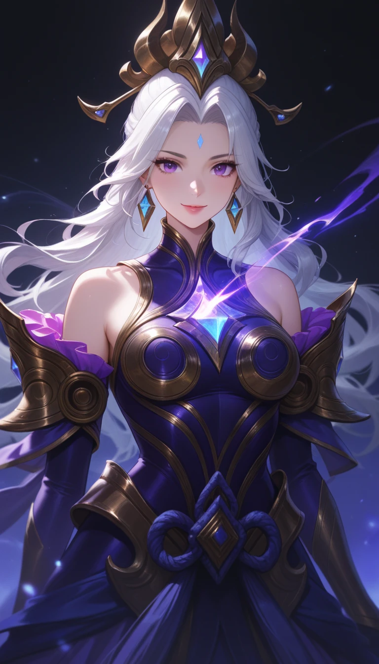 a picture of pretty anime girl with horns in yellow dress with purple cape, 1girl, solo, purple eyes, horns, smile, looking at viewer, raiden shogun, white hair, sky, outdoors, long hair --auto --s2