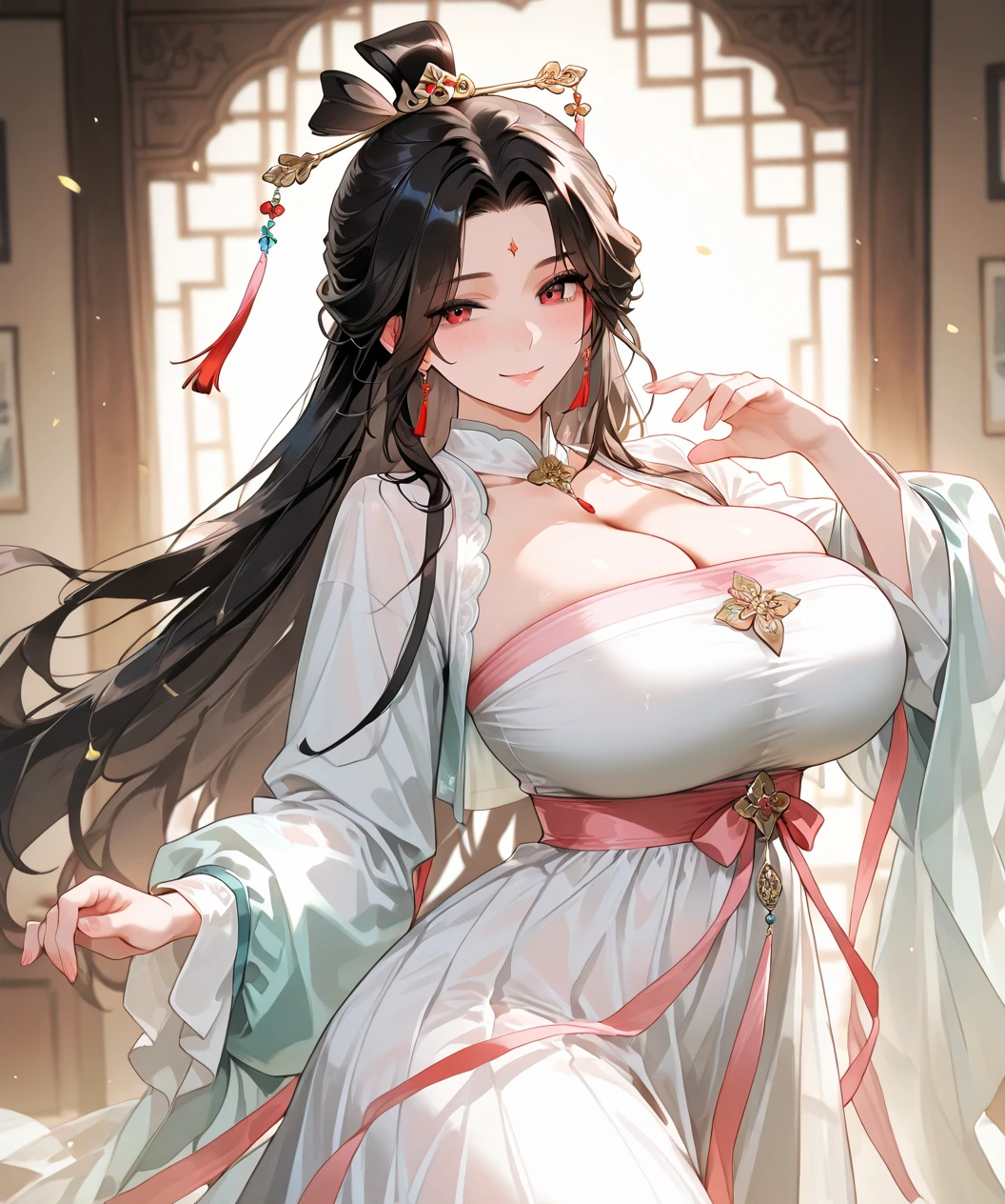 beautiful_detailed_eyes,perfect face,a girl,sideways,huge breasts,narrow_waist,sexually seductive,goddess,gorgeous and sexy costumes,photography,crystal and diamond decoration,china_dress,black stockings,white rose background,white hair,fair_skin,bare shoulders,curvy,navel,hair_ornament,fantasy,magic glow,