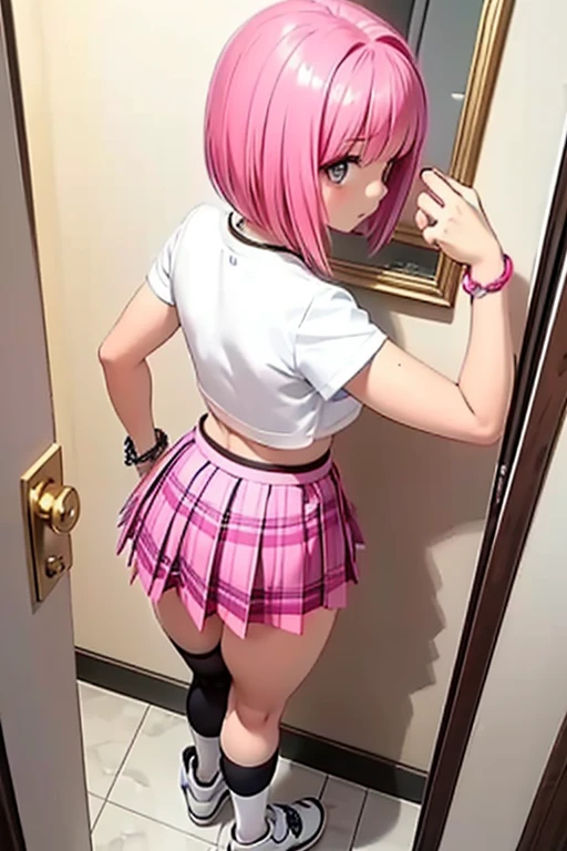 masterpiece, best quality, absurdres, perfect antomy, 1girl, solo, SMMoon, 1990s \(style\), sailor chibi moon pink hair, pink pupils eyes, climbing the stairs up, close-up, smile, cowboy shot, sailor senshi uniform pink, pink sailor collar, Pink pleated skirt, elbow gloves, in back pose, show her booty, backwards, no thong on  big booty, full body, aausagi,  close-up booty