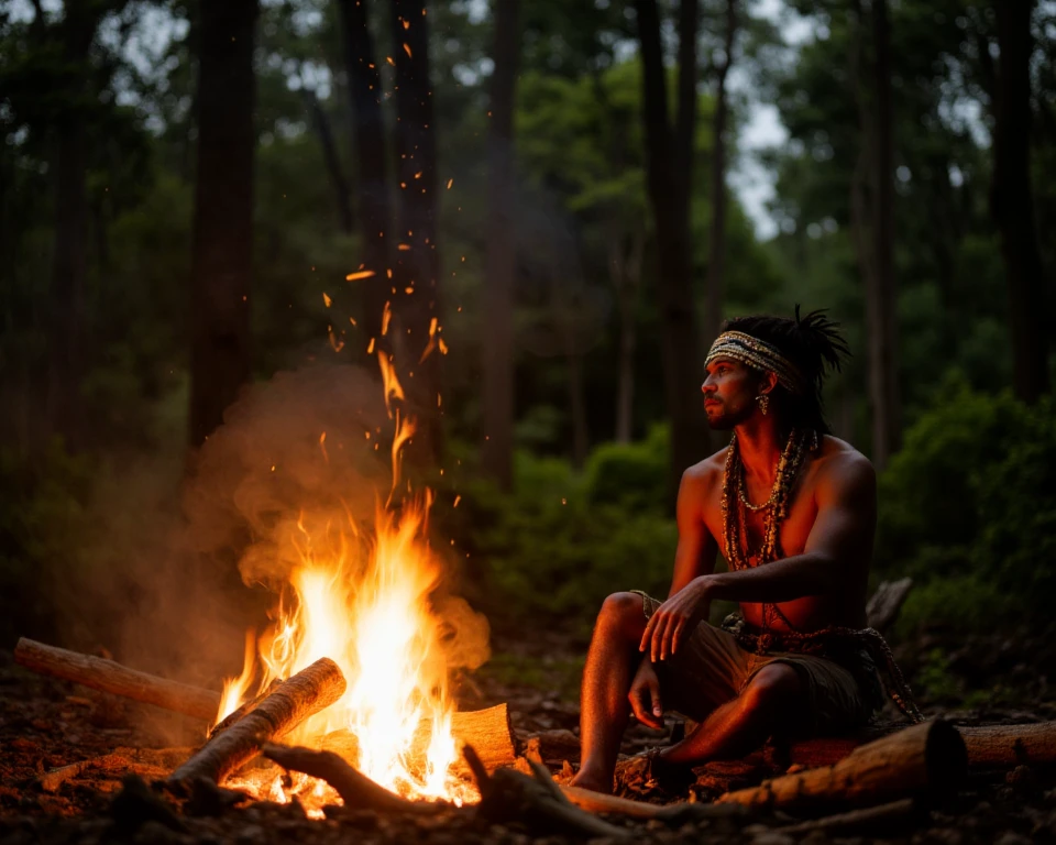 A Thai hunter sits in front of a fire at night in the forest