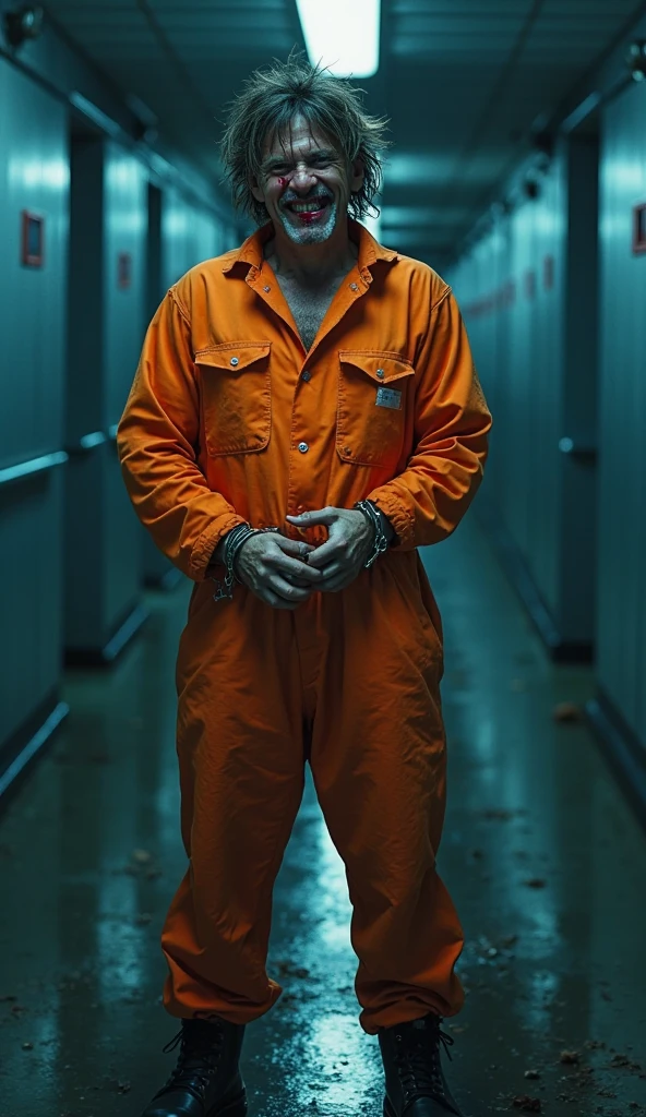 A man dressed in a yellow hazmat suit with a radiation symbol on his chest, sitting in front of a large industrial door with a yellow radiation symbol. The setting is inside an old, weathered bunker with metallic walls, giving a post-apocalyptic feel. The man appears tired and slightly injured, with dirt and scratches on his face, adding to the intense atmosphere. The floor and walls show signs of wear and tear, with tally marks scratched into the wall beside him."