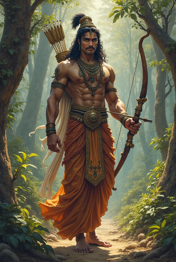 Lord Ram drawing an arrow** from his quiver, with a determined expression on his face.