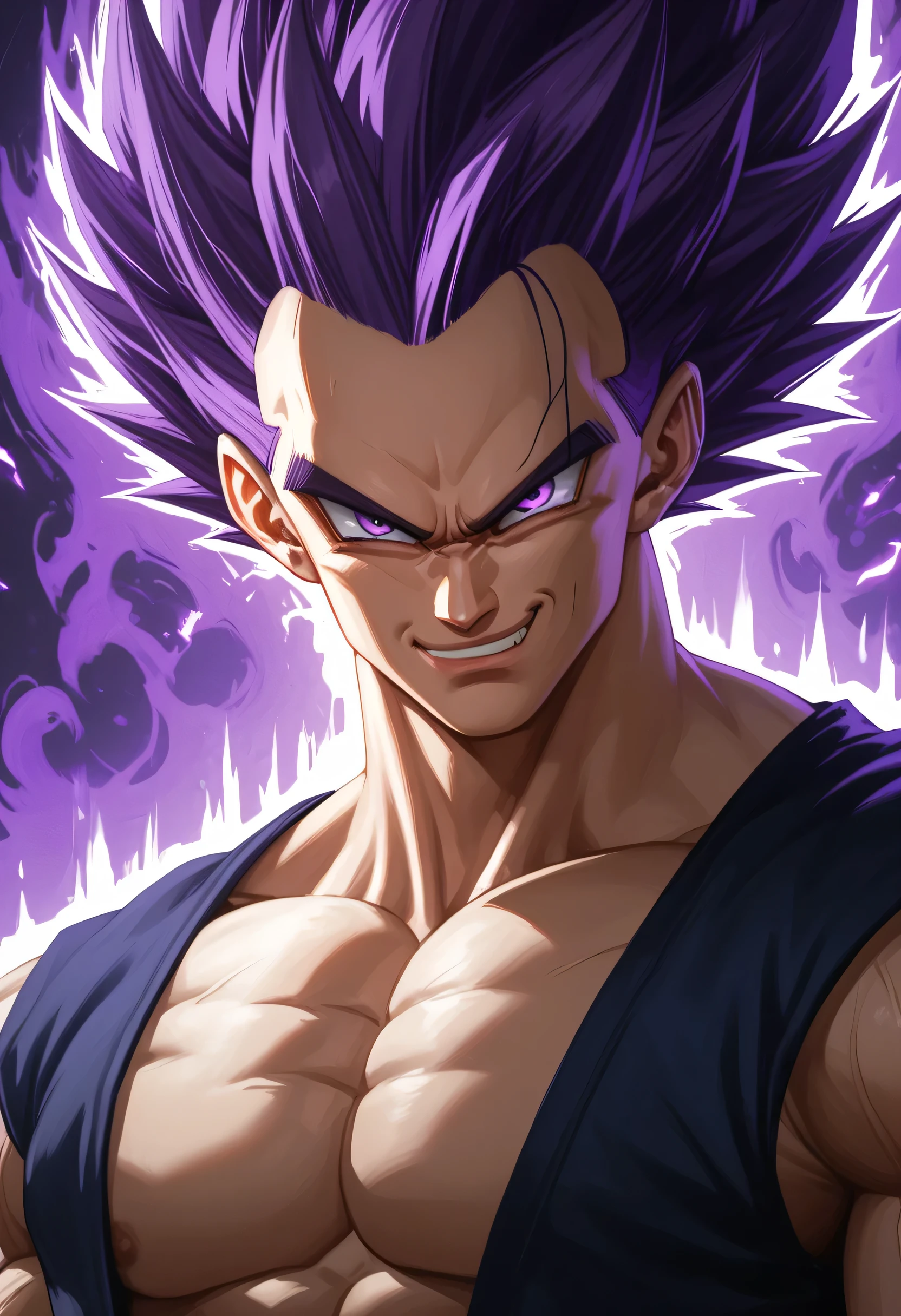 Vegeta, muscular, Ultra Ego form, purple hair, violet eyes, purple aura, smirk