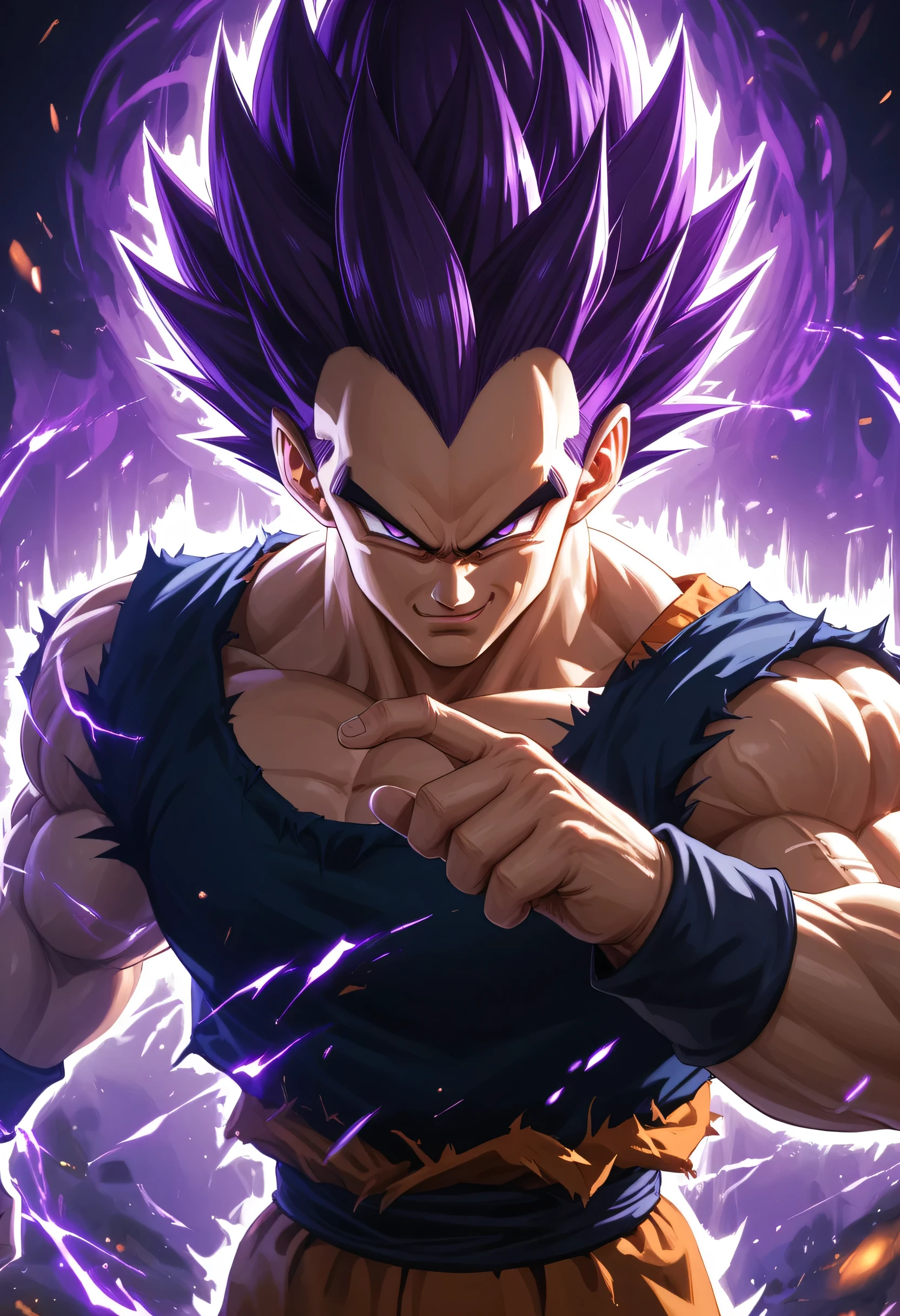 Vegeta, muscular, Ultra Ego form, purple hair, violet eyes, purple aura, smirk, action pose