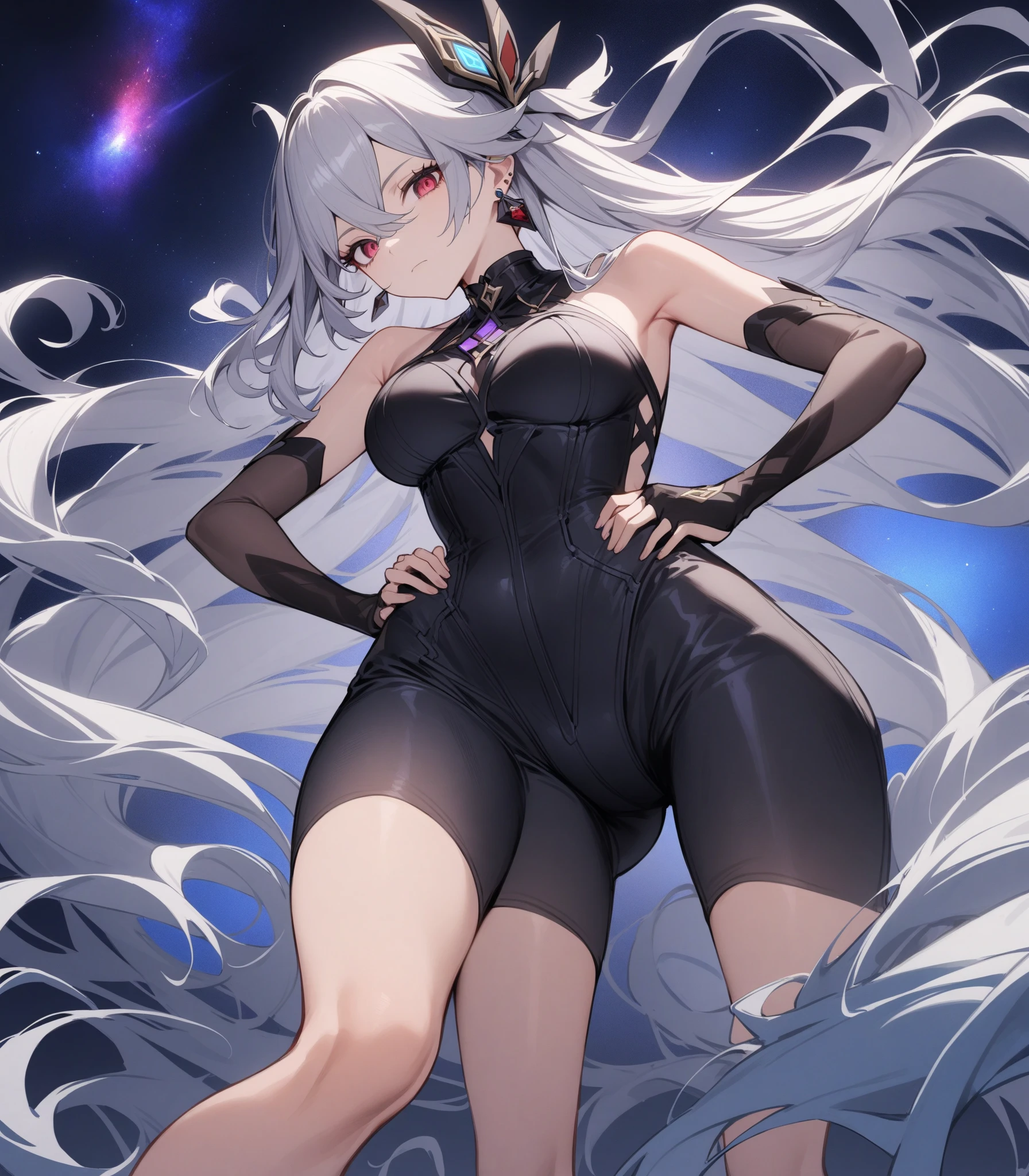 Carefully draw the face High-quality faces in anime style Glossy black leotard Red lines all over the body a blond huge tit Big ass Whip thighs seductiv a smile succubus Rear view