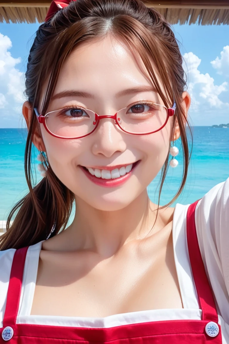 hanekawatsubasa, hanekawa tsubasa,(smile),(with sparkling eyes and a contagious smile),her pink panty pulled by self,a 17 years old, long hair, black hair, hair ornament, (brown eyes:1.1), braid, hairclip, twin braids, glasses, pink bikini, outdoors, beach, looking at viewer, (masterpiece:1.2), best quality, high resolution, unity 8k wallpaper, (illustration:0.8), (beautiful detailed eyes:1.2), extremely detailed face, perfect lighting, extremely detailed CG, (perfect hands, perfect anatomy),