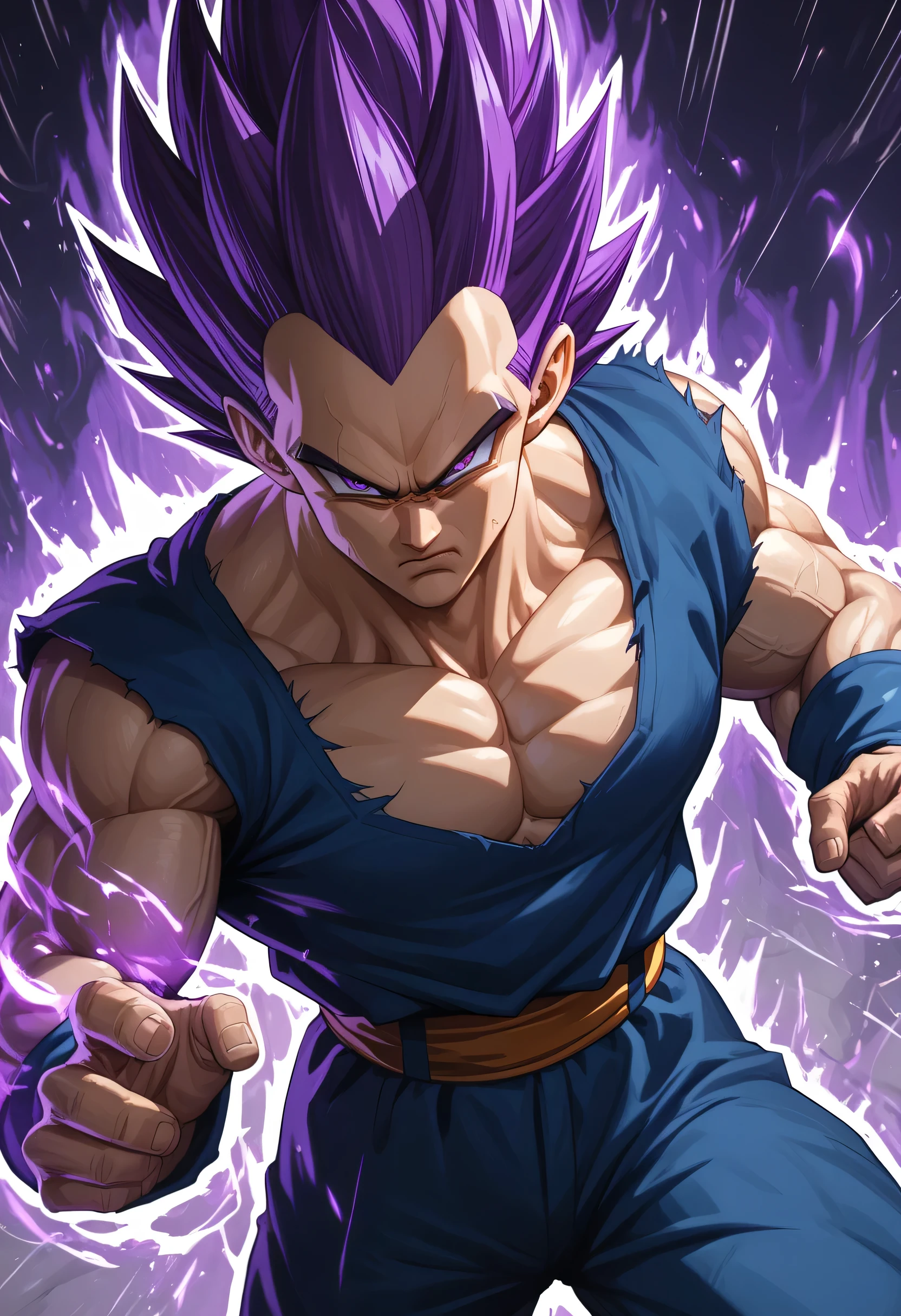 Vegeta, muscular, Ultra Ego form, purple hair, violet eyes, purple aura, scowl, action pose, blue clothes