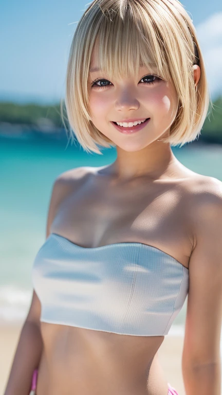 8k,Busty American woman playing on the beach,so beautiful(Like the real thing),Adult female,Blonde short bob,sexyな水着,ponytail,smile,masterpiece,Photorealistic RAW photos of the highest quality。Bright colors,Rich colors, Backlight, Cinema Lighting, Film Grain, to be born, 50mm lens, Nikon D850,超リアルなskin,Fantasy art,Character Art,Ultra-high resolution,Realistic scale skins,Perfect hand shape,View your viewers,smile,Beautiful expression,close,Muscular and slim body,compensate,sexy,Dynamic pose,Blue Eyes,sexyポーズ,Accentuate your cleavage,White Bikini,Bold fours,skin