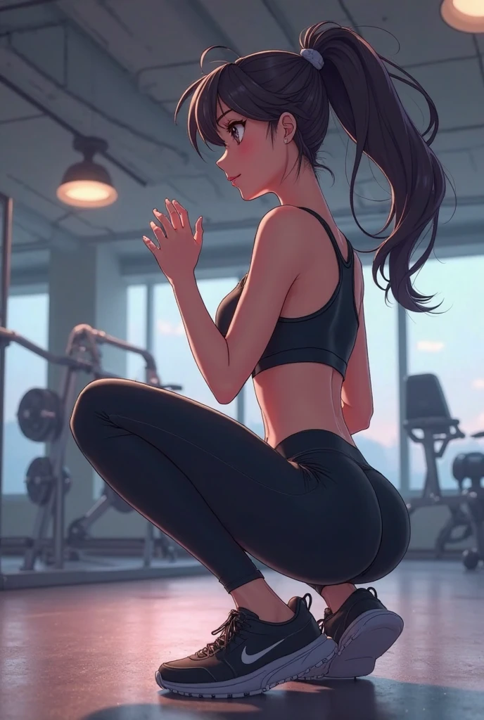From back point of view. It shows a anime girl  in a gym, performing a squat exercise. She is wearing a black tank top and blue shorts, and her hair is tied back in a ponytail. The woman is in the middle of the exercise, with her left leg extended behind her and her right leg bent at the knee. Her arms are stretched out to the sides and her feet are planted firmly on the ground. In the background, there are other people working out in the gym, and various exercise equipment can be seen.