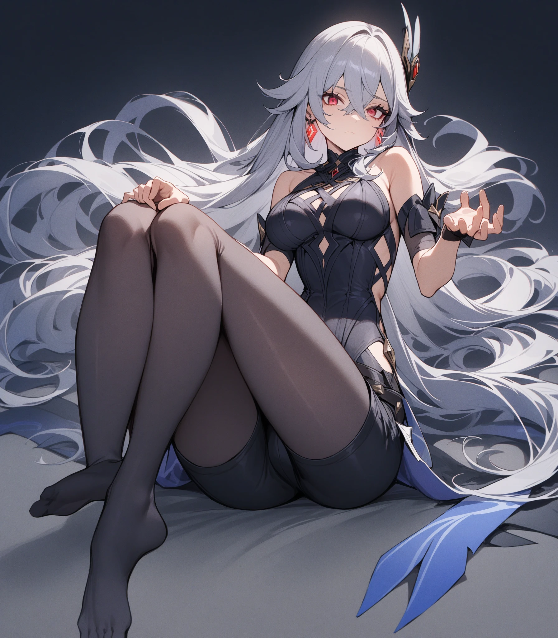 1girl with white hair and red eyes, wolf ears, black Pantyhose, evil smile, large breast, sexy, sideboob, no shoes, sitting on the ground, teasing, black skirt, white sweater,