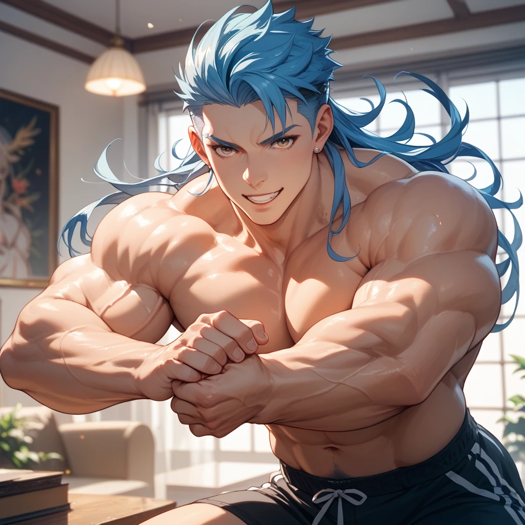 score_9, score_8_up, score_7_up, source_anime, cute girl, muscular pecs, muscular biceps, feminine face, long hair, very detailed, shy, blushing, topless, flexing biceps, hairy arms