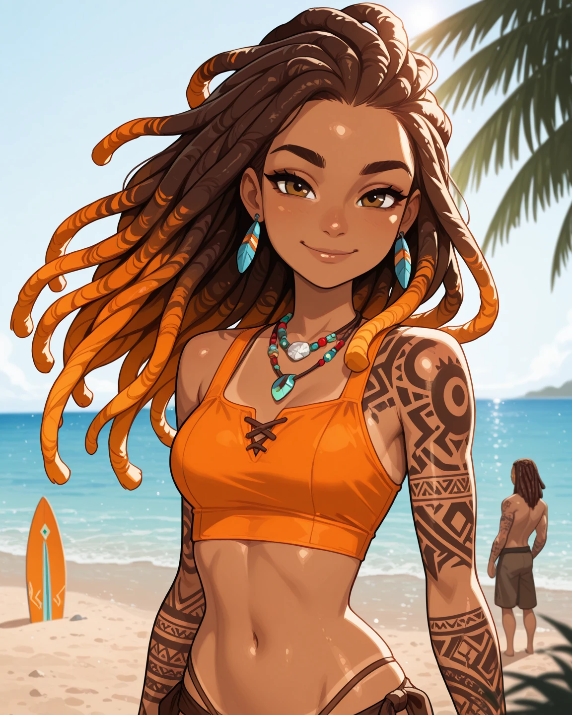 (masterpiece:1.2), (intricate details), <lora:DragonaJoestarV2:0.9>, Dragona_Joestar, 1girl, arm_tattoo, bikini, bangle, flower_hair_ornament, flowers, hair_ornament, jewelry, leg_tattoo, makeup, shoulder_tattoo, solo, tattoo, dark skin, beach, breasts, pov, still from official media anime, 4K masterpiece!!, 8k resolution!!!, trending on pixiv fanbox!, stunning detail!!!!!!!!!!!!, professional lighting, water, walking, dragon tattoo