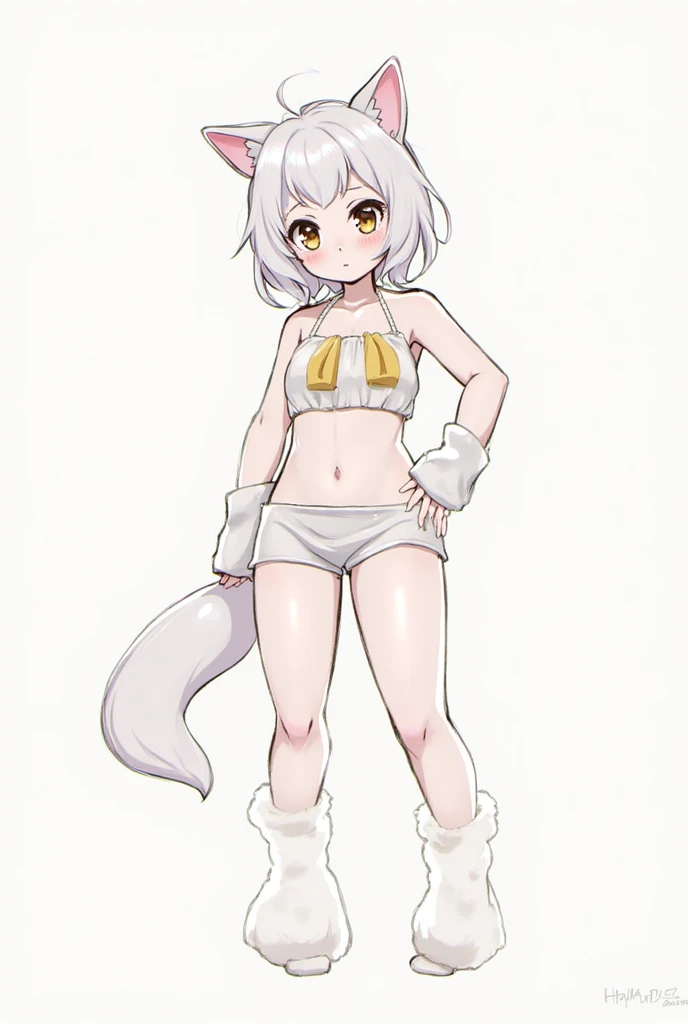 (hi res), ((masterpiece, best quality:1.0)), illustration, furry girl, animal ears, white body fur, tail, 1girl, solo, full body, long grey hair, blue eye, white crotchless pantyhose, looking at viewer, facing viewer, smile, blurry wood room background
