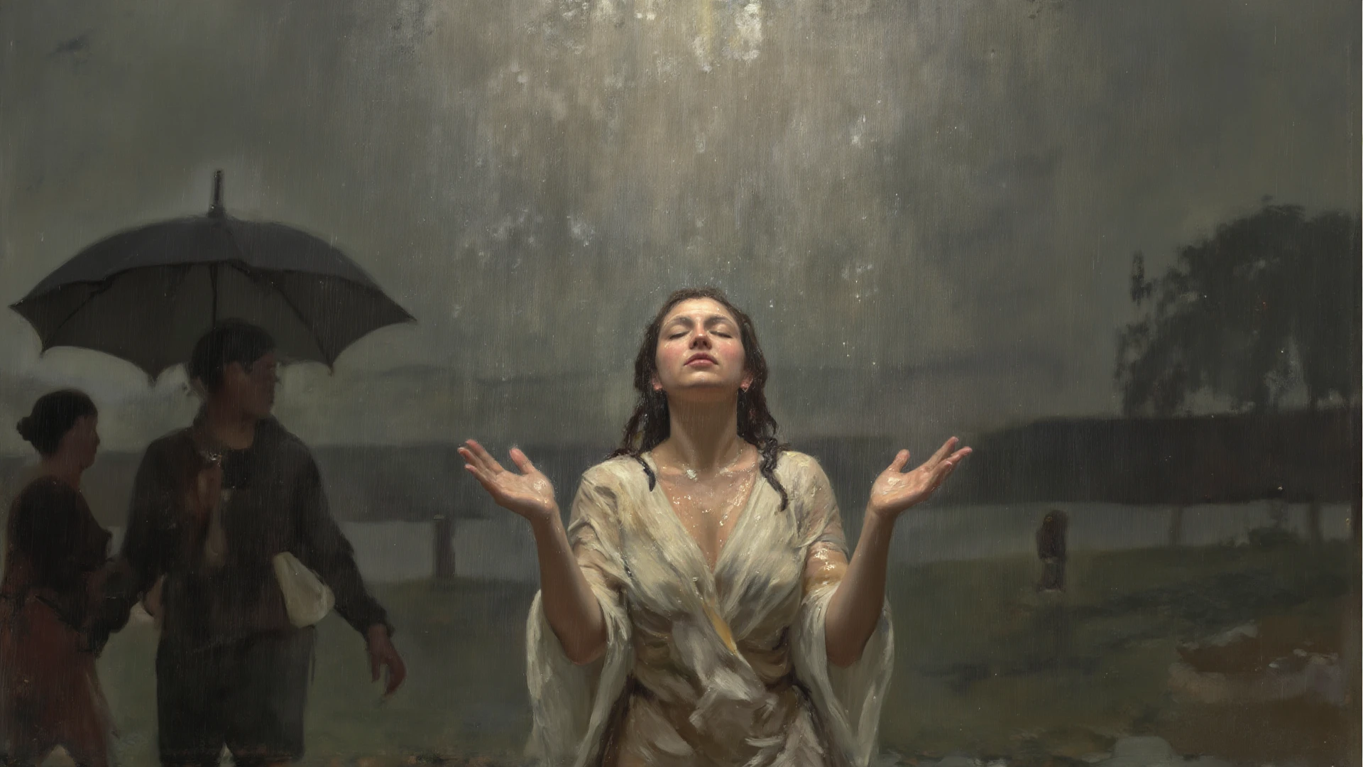 A very beautiful young woman stands in the water of a river and shouts with joy with her hands raised...... (Good Composition) (obra de arte) (Arte expresivo). (((Pechos masivos gigantes)))