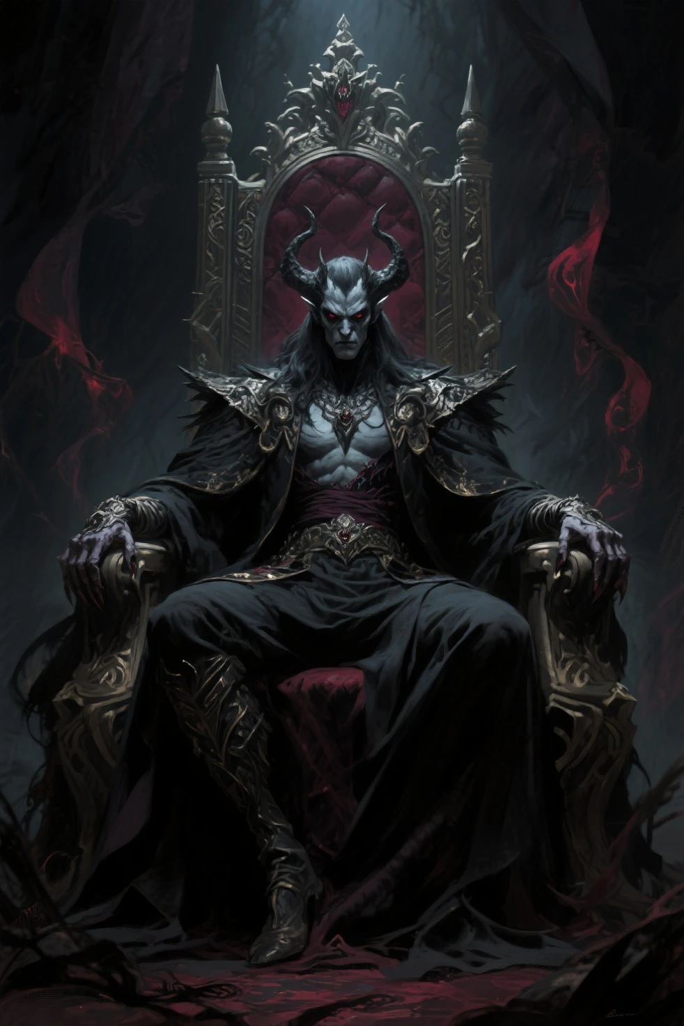 Sitting on the throne, head戴骨head王冠的死者之王, black network robe, network, On armor, He held a black blade in his hand., fantasy, Dramatic photos, Dynamic photos, Full body view, Model pose, Blurred background, Very detailed, ultra-Practical, 8K, (Practical:1.3), poster, Intricate details, \(Artwork\), ((masterpiece,best quality)), ((Movie light)), hypePractical, scary, dark fantasy \(style\), Detailed armor, 详细的head盔, head, Eight hands, Eight eyes, Bad, scary, ugly, (Hidden Shot:1.17), epic Practical, fade, ((Neutral colors)), Art, (HDR:1.5), (Soft colors:1.2), Ultra Detailed, (Artstation:1.5), Movie, Warm lamps, Dramatic lighting, (Intricate details:1.1), Complex background, (Rutkowski:0.8), (Cyan and Orange:0.4)