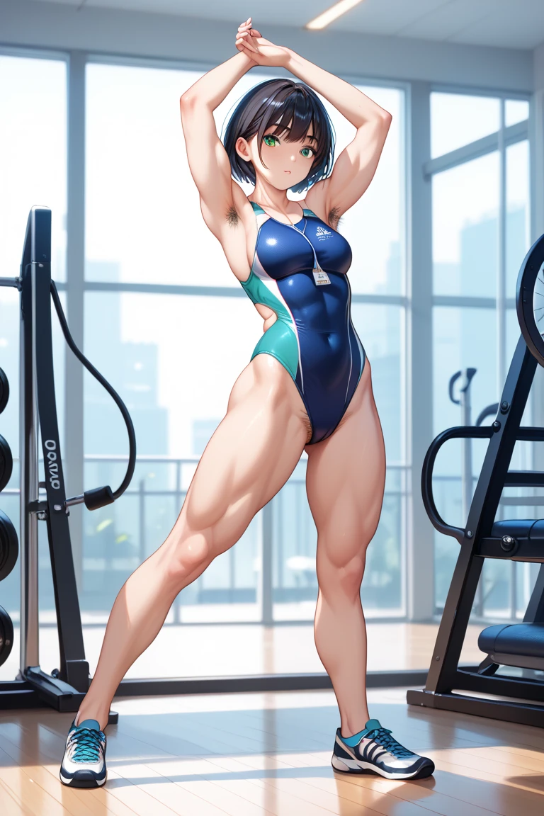 Realistic,15-year-old girl.Wearing a leotard,Gymnast,Gymnastics arena,笑face,face,Skin realism, Y-shaped balance