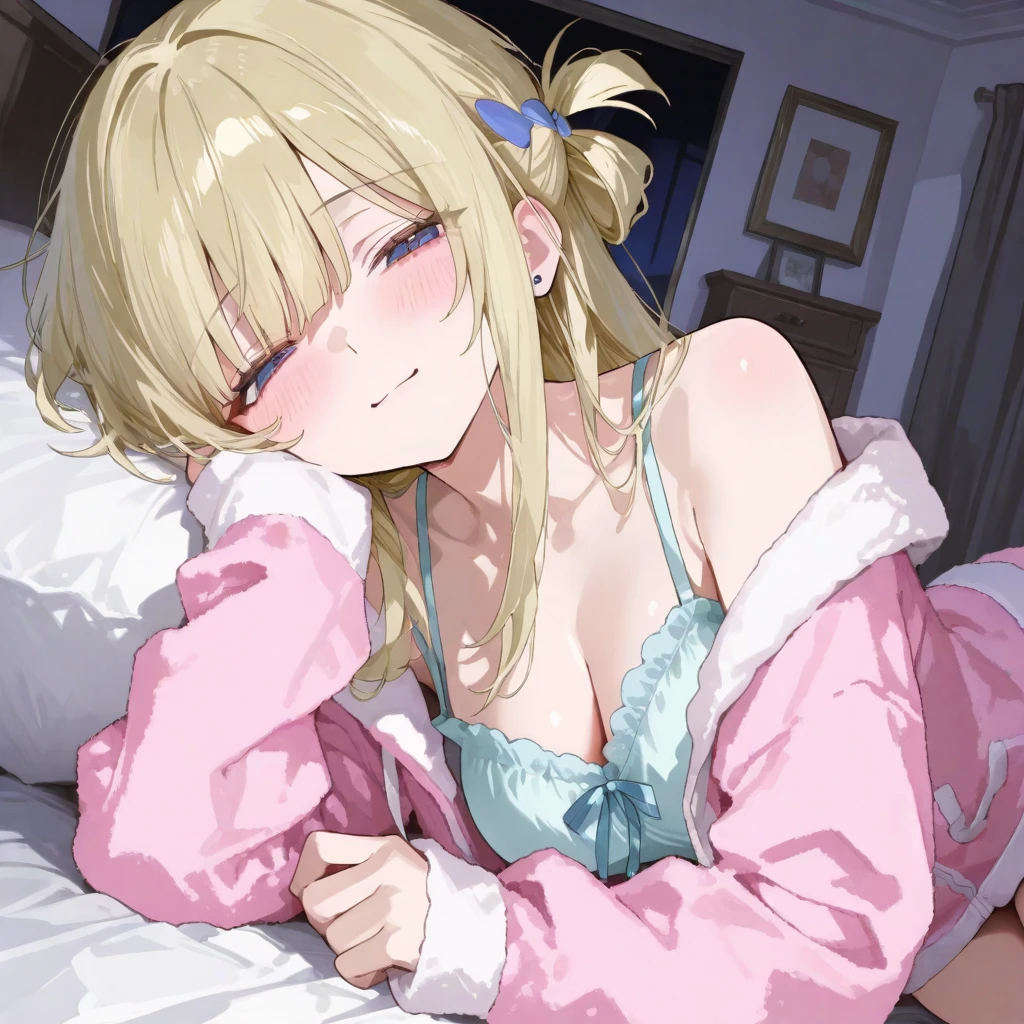 ((Best Quality)), ((Masterpiece)), (detailed), 1 girl, Pastel yellow hair, wide, hair covers one eye, purple eyes, tight, big breasts, big thighs, expression smiling shy, big pink sweater, short negros tights, small white tights, lying down, reading a book, looking at the viewer,