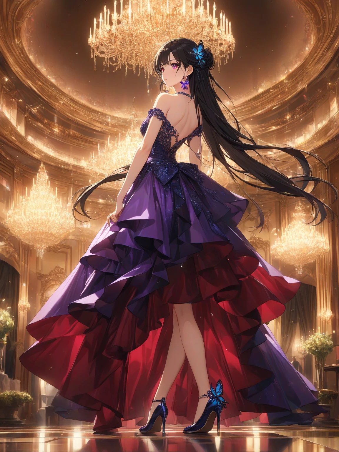 8k, masterpiece, beautiful girl, (rainbow flower dress), <lora:flower_dress-1.0:0.8>, (ballroom), smiling, low angle